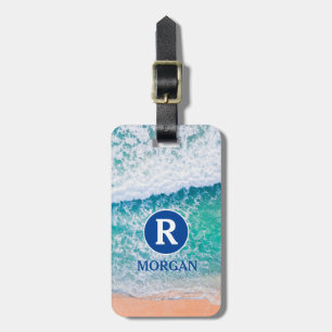 Étiquette À Bagage Monogramme Blanc & Nom Bleu, Vagues De Plage, Info