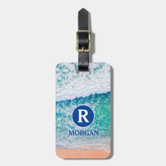 Étiquette À Bagage Monogramme Blanc & Nom Bleu, Vagues De Plage, Info (Devant Vertical)