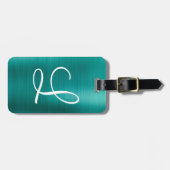 Étiquette À Bagage Monogramme blanc Turquoise en métal brossé chic (Devant horizontal)