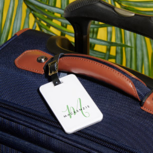 Étiquette À Bagage Monogramme blanc vert moderne minimaliste initial