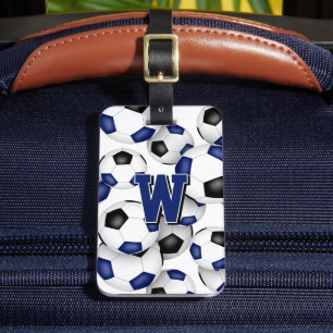 Étiquette À Bagage monogramme bleu bleu noir balle de soccer