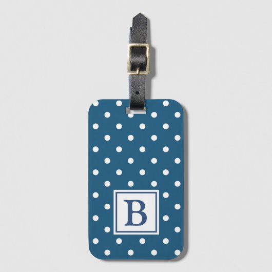 Étiquette À Bagage Monogramme bleu et blanc de point de polka (Devant Vertical)