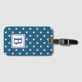 Étiquette À Bagage Monogramme bleu et blanc de point de polka (Devant Horizontal)