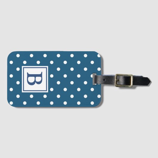 Étiquette À Bagage Monogramme bleu et blanc de point de polka (Devant Horizontal)