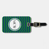 Étiquette À Bagage Monogramme bleu et vert Chevron Personnalisé (Devant horizontal)