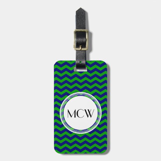 Étiquette À Bagage Monogramme bleu et vert Chevron Personnalisé (Devant Vertical)
