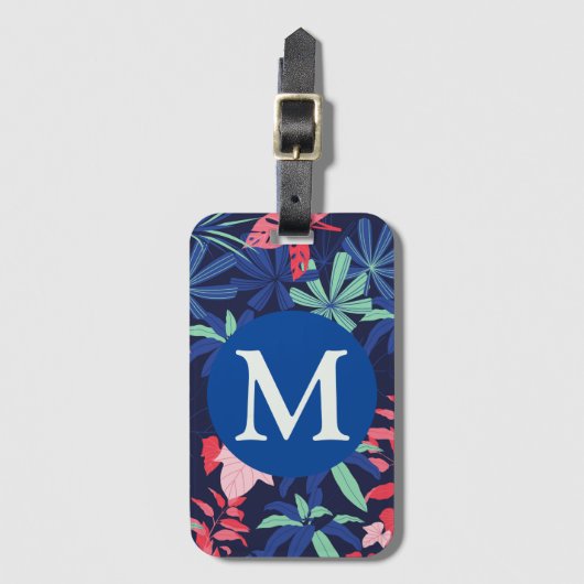 Étiquette À Bagage Monogramme bleu foncé botanique tropical (Devant Vertical)