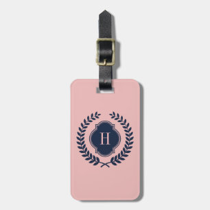 Étiquette À Bagage Monogramme Bleu foncé et crête de couronne rose