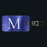 Étiquette À Bagage Monogramme bleu marine Métal brossé Fille Nom du s<br><div class="desc">Monogramme bleu marine Métal brossé Girly Script Nom mignon sac Balise</div>