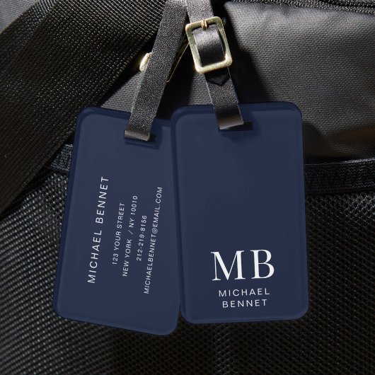 Étiquette À Bagage Monogramme Bleu Marine Moderne