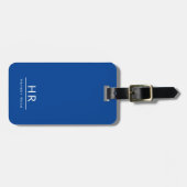 Étiquette À Bagage Monogramme bleu simple Nom + Coordonnées (Devant horizontal)