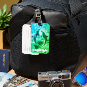 Étiquette À Bagage Monogramme Bleu & Vert Dolphins Océan