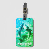Étiquette À Bagage Monogramme Bleu & Vert Dolphins Océan | (Devant Vertical)