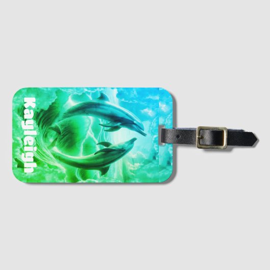 Étiquette À Bagage Monogramme Bleu & Vert Dolphins Océan | (Devant Horizontal)