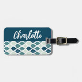 Étiquette À Bagage Monogramme bleu vert Motif feuille rétro (Devant horizontal)