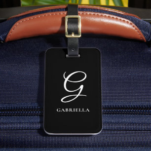 Étiquette À Bagage Monogramme Calligraphié Élégant et Raffiné Noir Bl