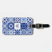 Étiquette À Bagage Monogramme Carreaux Bleus Bleu Méditerranéen Aquar (Devant horizontal)