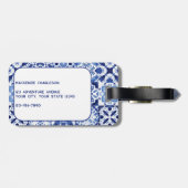 Étiquette À Bagage Monogramme Carreaux Bleus Bleu Méditerranéen Aquar (Dos horizontal)