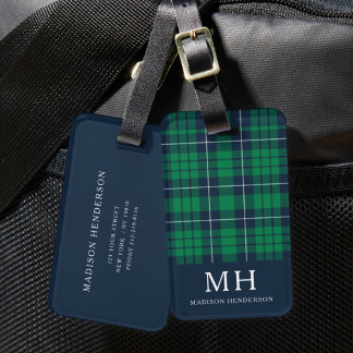 Étiquette À Bagage Monogramme carreaux vert classique