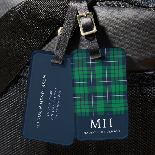 Étiquette À Bagage Monogramme carreaux vert classique