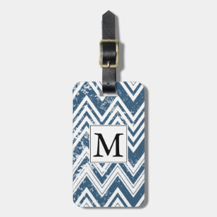 Étiquette À Bagage Monogramme Chevron Grunge Bleu et Blanc