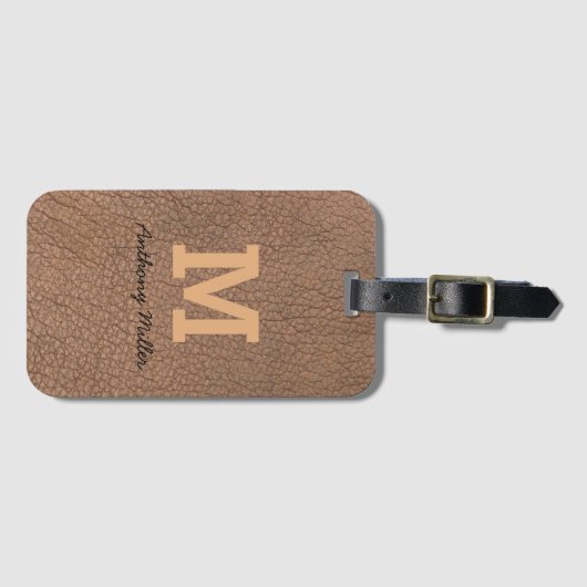Étiquette À Bagage Monogramme Chic Cuir Brown Nom Script Moderne (Devant Horizontal)
