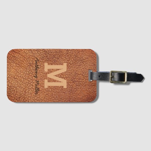 Étiquette À Bagage Monogramme Chic Cuir Brown Nom Script Moderne (Devant Horizontal)