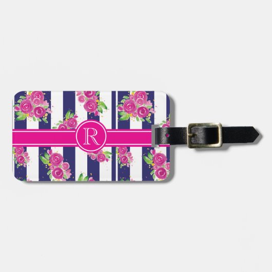 Étiquette À Bagage Monogramme chic floral rayé de la marine rose élég (Devant horizontal)