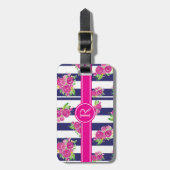 Étiquette À Bagage Monogramme chic floral rayé de la marine rose élég (Devant Vertical)
