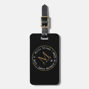 Étiquette À Bagage monogramme circulaire avec adresse en noir
