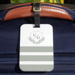 Étiquette À Bagage Monogramme classique Crest et bandes Sage Green