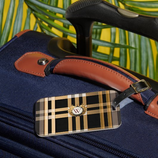Étiquette À Bagage Monogramme Classique Gris Plaid, Noir & Beige (Insitu Rectoal 3)