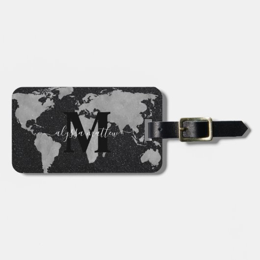 Étiquette À Bagage Monogramme Custom World Map Parties scintillant no (Devant horizontal)
