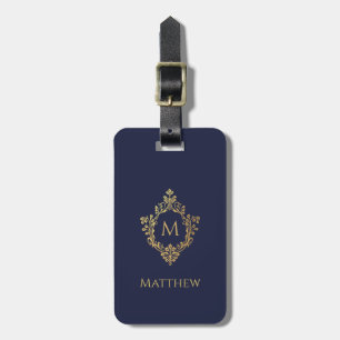 Étiquette À Bagage Monogramme dans un blason bleu marine élégant faux