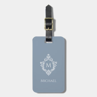 Étiquette À Bagage Monogramme dans un blason Bleu Poussiéreux Blanc É