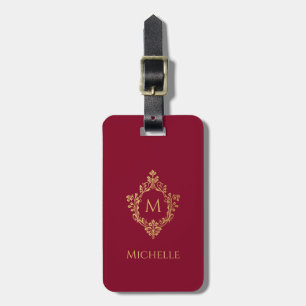 Étiquette À Bagage Monogramme dans un blason vintage bordeaux faux or
