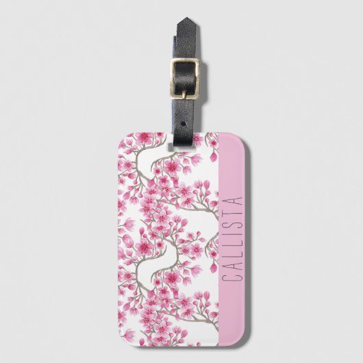 Étiquette À Bagage Monogramme d'aquarelle florale de fleurs de cerisi (Devant Vertical)