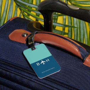 Étiquette À Bagage Monogramme d'avion moderne bleu 2 tons