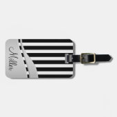 Étiquette À Bagage Monogramme de bande noire et blanche moderne (Devant horizontal)