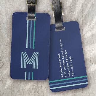 Étiquette À Bagage Monogramme de bande verte bleue