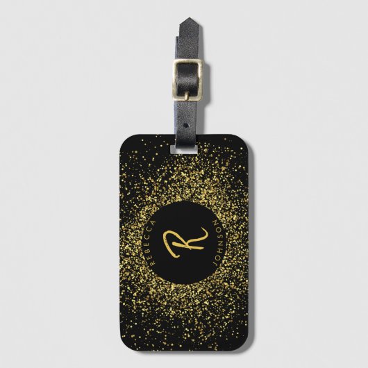 Étiquette À Bagage Monogramme de cadre Parties scintillant or et noir (Devant Vertical)