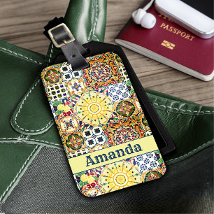 Étiquette À Bagage Monogramme de carreaux d'orange méditerranéen géom