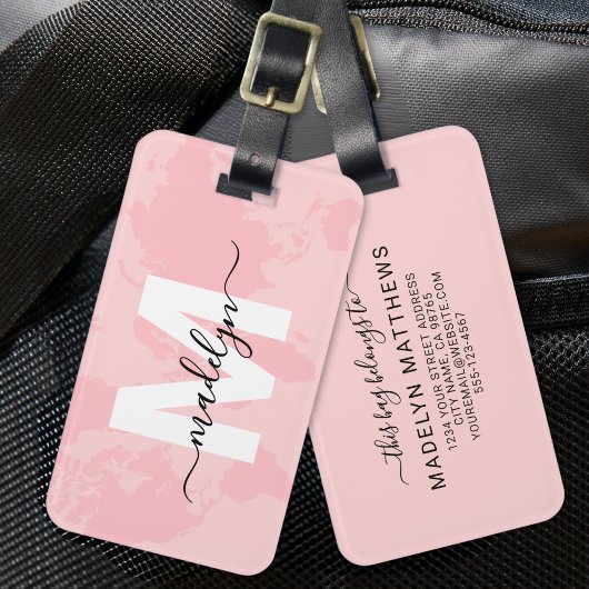 Étiquette À Bagage Monogramme de carte du monde rose