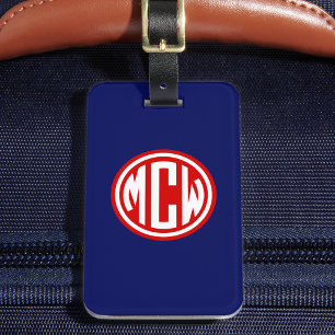 Étiquette À Bagage Monogramme de cercle blanc rouge bleu marine fait