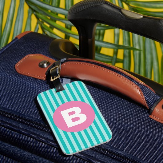 Étiquette À Bagage Monogramme de cercle rose rayé vertical bleu sarce (Insitu Rectoal 1)