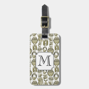 Étiquette À Bagage Monogramme de Chouettes d'or