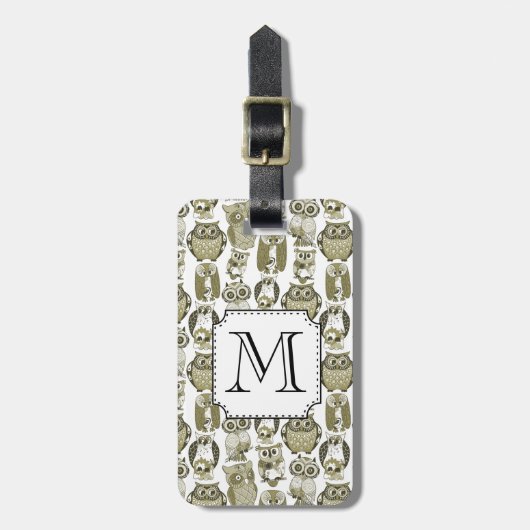 Étiquette À Bagage Monogramme de Chouettes d'or (Devant Vertical)