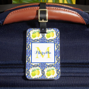 Étiquette À Bagage Monogramme de citron méditerranéen personnalisé