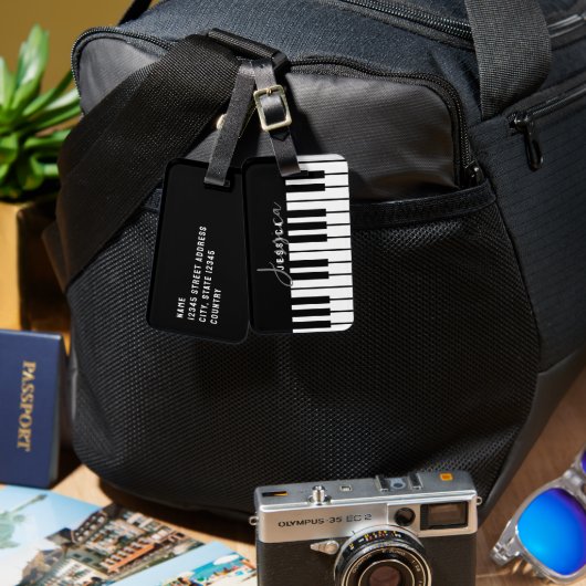 Étiquette À Bagage Monogramme de clavier de piano noir et blanc (Recto & Verso)