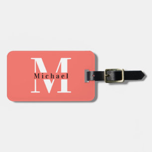 Étiquette À Bagage Monogramme de corail minimal moderne + Nom initial